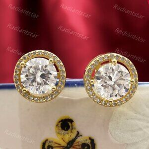 NEW Certified 4ct. t.w. Moissanite Gold Round Halo Screw Back Stud Earrings